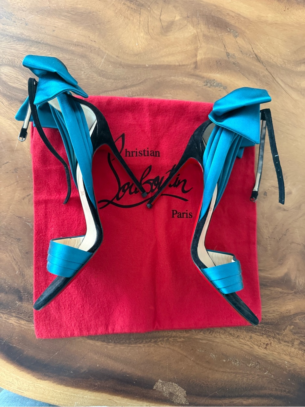 Christian Louboutin Teal Satin Open-Toe Ankle-Tie Sandals
